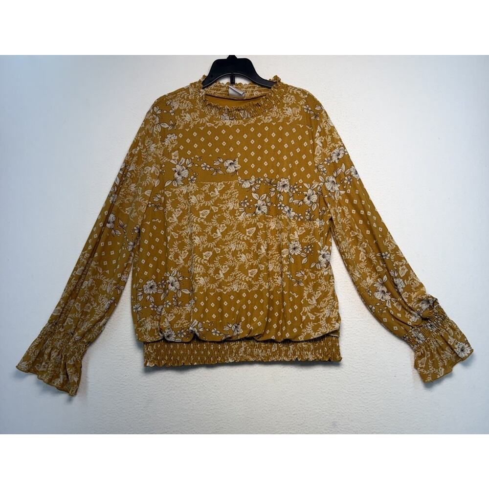 Luna Mustard Yellow Floral Women's Boho Peasant Blouse Top Size XL Strechy Waist